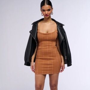 Elegant Cognac Strapless Denim Bodycon Dress